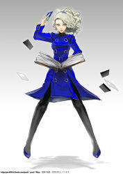 Rule 34 | 1girl, atlus, bad id, bad pixiv id, belt, book, card, curly hair, dress, floating card, floating, holding, holding card, lipstick, maguchimo, makeup, margaret, margaret (persona), pantyhose, persona, persona 4, ponytail, silver hair, solo, yellow eyes