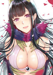 Rule 34 | 1girl, :d, absurdres, ane naru mono, bare shoulders, black hair, blush, breasts, chiyo (ane naru mono), cleavage, gu li, head tilt, highres, horns, large breasts, long hair, looking at viewer, mole, mole under eye, open mouth, purple eyes, smile, upper body, white background