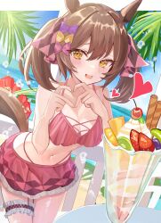 Rule 34 | 1girl, absurdres, alternate costume, animal ears, beach, blush, breasts, brown hair, cleavage, collarbone, commentary request, hair ornament, heart, heart hands, highres, hiyoko neneko, horse ears, horse girl, horse tail, looking at viewer, medium breasts, medium hair, navel, ocean, open mouth, parfait, smart falcon (umamusume), solo, swimsuit, table, tail, umamusume, yellow eyes