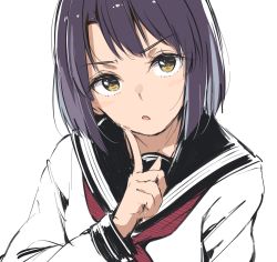 Rule 34 | 1girl, black sailor collar, blush, close-up, copyright request, finger to cheek, haine, highres, index finger raised, long sleeves, neckerchief, open mouth, purple hair, red neckerchief, sailor collar, school uniform, serafuku, short hair, simple background, sketch, solo, upper body, white background, yellow eyes