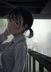 Rule 34 | 1girl, black eyes, black hair, bridge, dark, dated, day, highres, lips, looking at viewer, looking to the side, original, outdoors, railing, rain, shirt, short ponytail, signature, solo, upper body, wet, wet clothes, wet hair, wet shirt, yakikoke