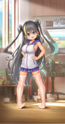 Rule 34 | 1girl, black hair, blue skirt, breasts, chair, computer, endou hiroto, full body, green eyes, hands on own hips, highres, indoors, keyboard (computer), large breasts, legs, long hair, looking at viewer, miniskirt, monitor, multicolored hair, no shoes, office chair, open mouth, oppai loli, original, shirt, skindentation, skirt, sleeveless, sleeveless shirt, smile, solo, standing, streaked hair, swivel chair, thighhighs, thighs, two side up, very long hair, white shirt, white thighhighs, window, zettai ryouiki