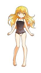 Rule 34 | 1girl, alphes (style), bare arms, bare legs, bare shoulders, barefoot, black one-piece swimsuit, blonde hair, braid, breasts, casual one-piece swimsuit, collarbone, dairi, full body, gluteal fold, hair between eyes, highres, kirisame marisa, looking at viewer, one-piece swimsuit, one eye closed, parody, side braid, silent sinner in blue, single braid, small breasts, smile, solo, standing, straight-on, style parody, swimsuit, tachi-e, touhou, touhou bougetsushou, transparent background, yellow eyes