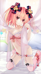 Rule 34 | 1girl, 2017, alyn (fairy fencer f), babydoll, bare shoulders, blush, breasts, cleavage, fairy fencer f, garter straps, hair ornament, hair ribbon, highres, looking at viewer, navel, official art, pink eyes, pink hair, pink thighhighs, ribbon, short hair, small breasts, solo, thighhighs, tsunako, twintails, underwear, underwear only