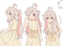 Rule 34 | 1girl, ;(, ahoge, bare arms, brown eyes, buttons, commentary, dress, frown, grey hair, hair between eyes, hana houshou, highres, looking at viewer, multicolored hair, multiple views, onii-chan wa oshimai!, oyama mahiro, pink hair, ponytail, rubbing eyes, sash, simple background, skirt hold, sleeveless, sleeveless dress, smile, translated, two-tone hair, wavy mouth, white background, yellow dress