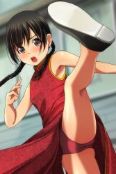 Rule 34 | 1girl, absurdres, bare arms, bare shoulders, black footwear, black hair, blurry, blurry background, blush, braid, brown eyes, china dress, chinese clothes, depth of field, dress, floral print, hair between eyes, highres, kicking, long hair, looking at viewer, matsunaga kouyou, nose blush, open mouth, original, panties, pelvic curtain, print dress, red dress, red panties, shoe soles, sleeveless, sleeveless dress, solo, standing, standing on one leg, teeth, twin braids, twintails, underwear, upper teeth only, upskirt