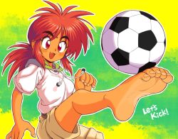 Rule 34 | 1girl, ball, barefoot, bindi, blush, blush stickers, copyright name, fang, feet, foot focus, highres, hood, hoodie, let&#039;s kick, long hair, oyatsu (mk2), ponytail, red eyes, red hair, shorts, soccer, soccer ball, soles, solo, source request, spiked hair, tan, toes, tomboy