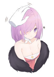 Rule 34 | 1girl, :t, absurdres, azur lane, bare shoulders, blush, braid, breasts, cleavage, closed mouth, collarbone, commentary request, cropped torso, disembodied hand, dress, feather boa, hair over one eye, headpat, highres, medium breasts, penelope (azur lane), pink hair, pouch, purple eyes, red dress, roido (taniko-t-1218), simple background, solo focus, squiggle, strapless, strapless dress, upper body, white background