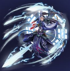 Rule 34 | 1boy, armor, artist name, black hair, blue background, fighting stance, full body, high ponytail, light purple hair, magic, male focus, multicolored hair, official art, omocha-san, red eyes, simple background, solo, sword, vambraces, vo lam huyen thoai, weapon