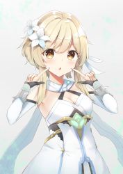 Rule 34 | 1girl, bare shoulders, blonde hair, blush, breasts, chestnut mouth, detached sleeves, dress, feather hair ornament, feathers, flower, genshin impact, hair between eyes, hair flower, hair ornament, lumine (genshin impact), medium breasts, pointing, pointing at self, white dress, yashin