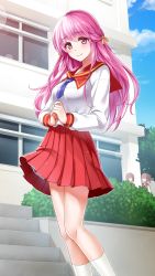 Rule 34 | 1girl, blue sky, braid, closed mouth, cloud, day, doukyuusei, doukyuusei another world, french braid, game cg, hair ribbon, kneehighs, lens flare, long hair, long sleeves, looking at viewer, miniskirt, necktie, official art, outdoors, pink eyes, pink hair, pleated skirt, purple necktie, red sailor collar, red skirt, ribbon, sailor collar, sakuragi mai, school uniform, skirt, sky, smile, socks, solo, solo focus, standing, very long hair, white sailor collar, white socks, yellow ribbon