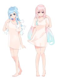 Rule 34 | 2girls, absurdres, airani iofifteen, airani iofifteen (artist), barefoot, blue eyes, blue hair, blush, hair down, highres, hololive, hololive indonesia, kobo kanaeru, long hair, multicolored hair, multiple girls, naked shirt, open mouth, pigeon-toed, pink hair, purple eyes, shirt, t-shirt, toes, very long hair, virtual youtuber, white hair
