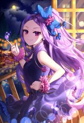 Rule 34 | 1girl, bare shoulders, blush, breasts, city lights, cityscape, cloud, dress, fate/grand order, fate (series), forehead, frilled dress, frills, hair ornament, hm (wonhml), long hair, looking at viewer, moon, night, night sky, ponytail, purple dress, purple eyes, purple hair, scrunchie, sky, sleeveless, sleeveless dress, small breasts, smile, solo, standing, wrist scrunchie, wu zetian (fate), wu zetian (formal dress) (fate)