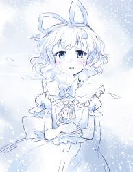 Rule 34 | 1girl, blue eyes, blush, breath, commentary request, crossed arms, doll, fairy wings, hair ribbon, holding, looking at viewer, medicine melancholy, mito tsubaki, monochrome, muted color, open mouth, puffy short sleeves, puffy sleeves, ribbon, short hair, short sleeves, sketch, spot color, su-san, touhou, wavy hair, wings