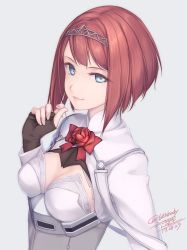 Rule 34 | 10s, 1girl, ark royal (kancolle), bob cut, breasts, brown gloves, cleavage, cleavage cutout, clothing cutout, corset, dated, fingerless gloves, gloves, grey background, jacket, kantai collection, lips, looking at viewer, red hair, red ribbon, ribbon, rokuwata tomoe, short hair, signature, simple background, small breasts, smile, solo, tiara, twitter username, white corset, white jacket