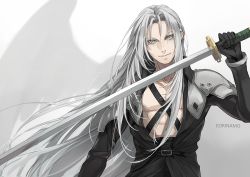 Rule 34 | 1boy, armor, artist name, black gloves, black jacket, chest strap, eorinamo, final fantasy, final fantasy vii, gloves, gradient background, grey background, grey eyes, grey hair, high collar, holding, holding sword, holding weapon, jacket, long bangs, long hair, long sleeves, male focus, masamune (ff7), open collar, parted bangs, pectorals, sephiroth, shoulder armor, single wing, slit pupils, smile, solo, square enix, sword, toned, toned male, upper body, weapon, white background, wings