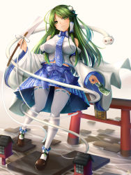Rule 34 | 1girl, absurdres, bare shoulders, between fingers, blue bow, blue necktie, blue skirt, bow, breasts, full body, gohei, green eyes, green hair, green nails, highres, holding, holding stick, kochiya sanae, large breasts, long hair, looking to the side, midriff peek, nail polish, necktie, seiya (iiseven), shirt, simple background, skirt, solo, stick, thighhighs, torii, touhou, very long hair, white background, white shirt, white thighhighs, wing collar