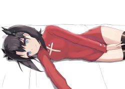 Rule 34 | 1girl, black hair, black thighhighs, blue eyes, blush, covering privates, covering crotch, fate/stay night, fate (series), hair ribbon, long hair, looking at viewer, red sweater, ribbon, solo, sweater, thighhighs, tohsaka rin, tota (sizukurubiks), twintails