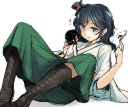 Rule 34 | 0 0, 2girls, black footwear, black hair, blue eyes, blue hair, boots, female admiral (kancolle), giant, giantess, green hakama, hakama, hakama skirt, hat, unworn hat, unworn headwear, holding, holding clothes, holding hat, japanese clothes, kantai collection, looking at another, lying, lying on person, matsukaze (kancolle), meiji schoolgirl uniform, messy hair, multiple girls, on back, short hair, simple background, size difference, skirt, smile, top hat, utopia, white background, wide sleeves, yuri