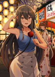 1boy 2girls alternate_costume alternate_hairstyle arm_up armpits blue_shirt brown_bag brown_eyes brown_hair candy candy_apple festival fireworks floral_print food grey_hair hair_bun hair_ornament hairclip haruna_(kancolle) haruna_(lawson_mode)_(kancolle) highres holding holding_candy holding_food ichikawa_feesu japanese_clothes kantai_collection kimono kongou_(kancolle) long_hair market_stall multiple_girls night night_sky one_eye_closed purple_eyes shirt skirt sky sleeveless sleeveless_shirt smile t-head_admiral white_kimono white_skirt