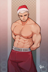 Rule 34 | 1boy, abs, absurdres, bara, belt, black eyes, blurry, blurry background, body hair, bound, bound wrists, chest hair, christmas, cowboy shot, facial hair, hat, highres, large pectorals, looking away, male focus, muscular, muscular male, navel, navel hair, nipples, open mouth, original, pants, pectorals, peterhl, red pants, santa costume, santa hat, topless male, short hair, solo, stubble, white hair