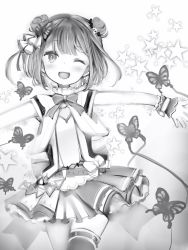 Rule 34 | 1girl, :d, bad id, bad pixiv id, belt, blush, bow, bowtie, bug, butterfly, cowboy shot, double bun, earrings, greyscale, hair bun, highres, hololive, idol, insect, jewelry, looking at viewer, medium hair, miniskirt, monochrome, nanashi (nlo), one eye closed, open mouth, single thighhigh, skirt, smile, solo, spread legs, standing, thighhighs, uruha rushia, virtual youtuber, wristband