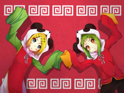 Rule 34 | 2girls, blonde hair, blue eyes, blush, brown eyes, chinese clothes, eyebrows, green hair, gumi, hair ornament, hairclip, highres, kagamine rin, kukie-nyan, looking at viewer, multiple girls, red background, sleeves past wrists, vocaloid, yi er fan club (vocaloid)