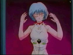 Rule 34 | 1girl, animated, animated gif, ayanami rei, blue hair, bouncing breasts, breasts, collarbone, lowres, neon genesis evangelion, nipples, nude, red eyes, screencap, short hair, solo, undressing, vhs artifacts, walking