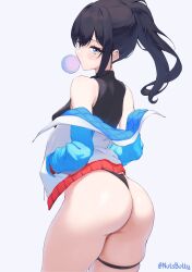 Rule 34 | 1girl, absurdres, ass, bikini, black bikini, black hair, blowing bubbles, blue eyes, chewing gum, commentary, english commentary, gridman universe, gridman universe (film), highres, jacket, long sleeves, looking at viewer, looking back, nutsbutty, ponytail, simple background, solo, ssss.gridman, swimsuit, takarada rikka, takarada rikka (solarain toys), thigh strap, thighs, thong bikini, white background