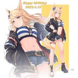Rule 34 | 1girl, absurdres, animal ears, asymmetrical footwear, bandeau, black footwear, black jacket, blonde hair, blue eyes, boots, commentary request, cutoffs, da-cart, dated, denim, denim shorts, gold city (umamusume), happy birthday, high heel boots, high heels, highres, horse ears, jacket, long hair, long sleeves, looking at viewer, midriff, mismatched footwear, multiple views, navel, open clothes, open jacket, short shorts, shorts, standing, stomach, strapless, striped bandeau, swept bangs, thigh strap, thighs, tube top, umamusume, white footwear