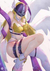 Rule 34 | 1girl, absurdres, angel, angewomon, belt, covered eyes, digimon, digimon (creature), feathered wings, helmet, helmet over eyes, highres, light background, mask, solo, thigh strap, wings