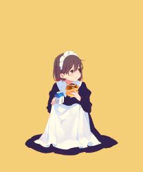 Rule 34 | 1girl, :t, anpan, apron, blue eyes, blush, brown hair, drinking straw, eating, food, full mouth, looking to the side, maeya susumu, maid, maid apron, maid headdress, milk, milk carton, original, puffy cheeks, short hair, signature, simple background, sitting, solo, yellow background
