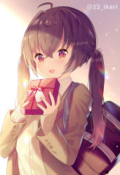 Rule 34 | 1girl, :d, ahoge, bag, blazer, blush, box, brown cardigan, brown eyes, brown hair, brown jacket, cardigan, commentary request, gift, gift box, hair between eyes, hands up, highres, holding, holding gift, ikari (aor3507), jacket, long hair, long sleeves, open clothes, open jacket, open mouth, original, school bag, school uniform, sleeves past wrists, smile, solo, twintails, twitter username, upper body, valentine
