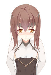 Rule 34 | 10s, 1girl, arms behind back, blush, brown eyes, brown hair, flat chest, hair between eyes, headband, headgear, highres, kantai collection, looking at viewer, patryzark, short hair, simple background, smile, solo, taihou (kancolle), upper body, white background