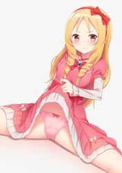 Rule 34 | &gt;:(, 10s, 1girl, blonde hair, blush, bow, bow panties, bowtie, brooch, cameltoe, closed mouth, clothes lift, commentary request, dress, dress lift, drill hair, eromanga sensei, frown, gem, hair bow, hairband, invisible chair, jewelry, layered sleeves, legs apart, lifting own clothes, long sleeves, looking at viewer, panties, pink dress, pink panties, piripun, pointy ears, red bow, red bowtie, red eyes, red hairband, signature, sitting, solo, spread legs, tareme, thighs, underwear, v-shaped eyebrows, wavy mouth, white bow, yamada elf