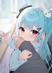 Rule 34 | 1boy, 1girl, black bow, blue hair, blue shirt, blush, bow, chopsticks, commentary request, cup ramen, curtains, ear piercing, earrings, hair bow, hair ornament, hairclip, highres, holding, holding chopsticks, indoors, instant ramen, instant soba, jewelry, kotatsu, long hair, long sleeves, looking at viewer, maruchan midori no tanuki tensoba, nail polish, original, parted lips, piercing, pink nails, rabbit hair ornament, red eyes, ring, shirt, sitting, sleeves past wrists, solo focus, table, tsukiman, twintails, very long hair, window, wooden floor