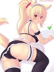 Rule 34 | animal ears, ass, bikini, black bikini, black panties, black skirt, black thighhighs, blonde hair, blush, cat ears, cat girl, cat tail, commentary, cup, drinking glass, english commentary, from behind, hair ornament, hair scrunchie, highres, long hair, looking at viewer, looking back, lying, maid, maid bikini, maid headdress, nottytiffy, on stomach, original, panties, parted lips, ponytail, red scrunchie, scrunchie, skirt, solo, swimsuit, tail, thigh strap, thighhighs, thighs, tiffy (nottytiffy), unconventional maid, underwear, white headwear