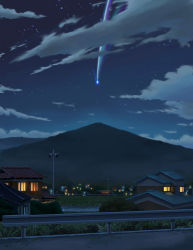 Rule 34 | absurdres, check commentary, cloud, comet, commentary request, grass, highres, house, isbeyvan, kimi no na wa., landscape, mountain, night, no humans, railing, scenery, sky, star (sky), starry sky, water