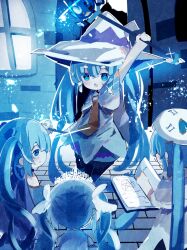 Rule 34 | 4girls, arm up, bare shoulders, beret, black pantyhose, blue bow, blue eyes, blue hair, blue skirt, blue theme, book, bow, brick floor, capelet, chibi, cloak, clock print, commentary, dress, from behind, glowing, hair bow, hair ornament, hat, hatsune miku, highres, holding, holding book, holding wand, indoors, large hat, light particles, long hair, magic, magic circle, multiple girls, multiple persona, necktie, open book, open mouth, outstretched arm, pantyhose, roman numeral, skirt, standing, syare 0603, tiara, twintails, very long hair, vocaloid, wand, white capelet, white cloak, white dress, white headwear, window, witch hat, yellow necktie, yuki miku, yuki miku (2014), yuki miku (2017), yuki miku (2019), yuki miku (2021)