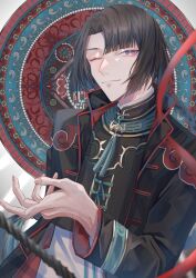Rule 34 | 1boy, artist name, asymmetrical bangs, black coat, black hair, braid, braided ponytail, changpao, chinese clothes, coat, dated, fate/grand order, fate (series), fishing rod, highres, ichimichi 111, long hair, long sleeves, looking at viewer, male focus, mosaic background, one eye closed, purple eyes, smile, solo, tai gong wang (fate), upper body
