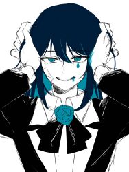 Rule 34 | 1girl, absurdres, ado (utaite), bandaid, bandaid on face, black bow, black bowtie, blue eyes, blue flower, blue hair, blue rose, bow, bowtie, chando (ado), clenched teeth, cloud nine inc, collared shirt, colored inner hair, commentary, dress shirt, flower, flower brooch, gloves, hair between eyes, hands on own head, highres, limited palette, long sleeves, looking at viewer, mole, mole under eye, multicolored hair, rose, shirt, simple background, solo, teardrop facial mark, teeth, tsukuno tsuki, two-tone hair, utaite, villain (vocaloid), white background, white gloves, white shirt