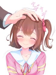 Rule 34 | 1boy, 1girl, ^ ^, blush, brown hair, cardigan, closed eyes, collarbone, commentary request, double-parted bangs, hand on another&#039;s head, headpat, hetero, highres, idolmaster, idolmaster million live!, kasuga mirai, neck ribbon, one side up, pink cardigan, ribbon, saki nerikeshi, simple background, smile, upper body, white background