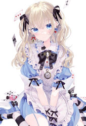 Rule 34 | 1girl, alice in wonderland, apron, between legs, black bow, black bowtie, black ribbon, black thighhighs, blonde hair, blue dress, blue eyes, blue footwear, blush, bow, bowtie, brooch, card, closed mouth, commentary request, dress, ear piercing, earrings, floating card, frilled shirt collar, frills, garter straps, hair between eyes, hair ribbon, hand between legs, heart, heart earrings, high heels, highres, jewelry, looking at viewer, original, piercing, playing card, puffy short sleeves, puffy sleeves, ribbon, sakurato remi, short sleeves, simple background, sitting, solo, striped clothes, striped thighhighs, thighhighs, twintails, v arms, wariza, watch, white apron, white background, white thighhighs