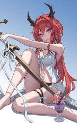 Rule 34 | 1girl, absurdres, arknights, bare legs, barefoot, black bikini bottom, bow, breasts, cherry, cleavage, cup, food, fruit, highres, holding, holding sword, holding weapon, horns, ice cream, legs, long hair, looking at viewer, medium breasts, purple eyes, red hair, sitting, solo, spoon, surtr (arknights), swimsuit, sword, the fg, thigh bow, thigh strap, utensil in mouth, very long hair, wafer stick, weapon, white bow