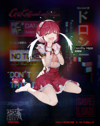 Rule 34 | 1girl, artist request, character name, closed eyes, crying, dorothy haze, full body, girls&#039; frontline, highres, joints, official art, open mouth, pink hair, pleated skirt, puffy short sleeves, puffy sleeves, red footwear, red skirt, robot, robot joints, shirt, short hair, short sleeves, sitting, skirt, solo, streaming tears, tears, torn clothes, torn shirt, va-11 hall-a, wariza, white shirt