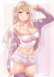 Rule 34 | 1girl, arm up, bad id, bad pixiv id, bare shoulders, blue eyes, blunt bangs, blush, bow, shirt bow, breasts, choker, cleavage, collarbone, hairband, heart, heart choker, highres, jacket, koji (kojikojimdw), large breasts, light brown hair, lipstick, long hair, long sleeves, looking at viewer, makeup, nail polish, navel, navel piercing, open clothes, open jacket, original, parted lips, piercing, pink bow, pink choker, pink jacket, pink shorts, pink thighhighs, ribbed jacket, ribbed legwear, shirt bow, short shorts, shorts, skindentation, sleepwear, solo, thighhighs, tight top, twitter username