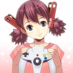Rule 34 | 1girl, bad id, bad pixiv id, blue eyes, brown hair, controller, doll joints, game console, game controller, head tilt, holding, joints, josette, kouno (masao), smile, solo, twintails, wonder project j2