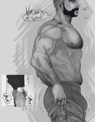 Rule 34 | 1boy, abs, absurdres, arm hair, artist request, ass, bara, beard, body hair, bulge, bulge lift, call of duty, call of duty: modern warfare 2, captain price, chest hair, denim, dressing, english text, facial hair, feet out of frame, from side, greyscale, hairy, head out of frame, highres, i&#039;ve never seen a guy recreate this successfully tbh (meme), jeans, large pectorals, male focus, mature male, meme, monochrome, motion lines, muscular, muscular male, navel hair, nipples, open pants, pants, pants lift, pectorals, reference inset, short hair, sideburns, solo, stomach, thick eyebrows, topless male, undersized clothes, veins, veiny arms