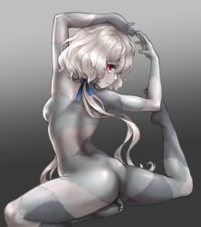 Rule 34 | 1girl, arms up, artoise, ass, backboob, blue ribbon, blush, breasts, feet up, flexible, from behind, hair between eyes, hair ribbon, highres, konno junko, looking at viewer, looking back, medium breasts, medium hair, nude, red eyes, ribbon, scar, sidelocks, silver hair, solo, spread legs, stitched arm, stitched leg, stitched torso, stitches, thighs, twintails, wavy hair, wavy mouth, zombie, zombie land saga