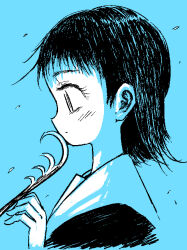 1girl blue_background blue_theme commentary_request keida_riiko looking_to_the_side monochrome original portrait short_hair solo